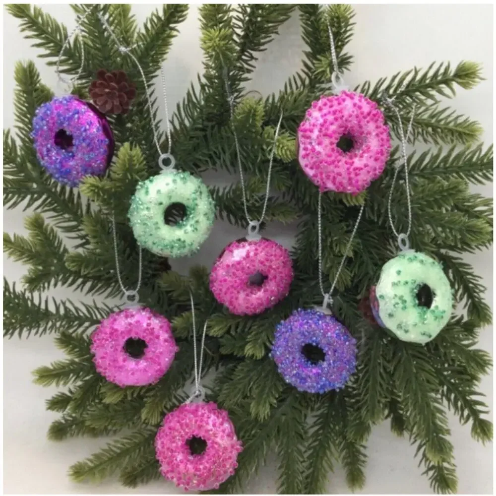 8 Donuts Mini Tree Christmas Ornaments-Pink Purple Green Food Sweet Treat Pastry